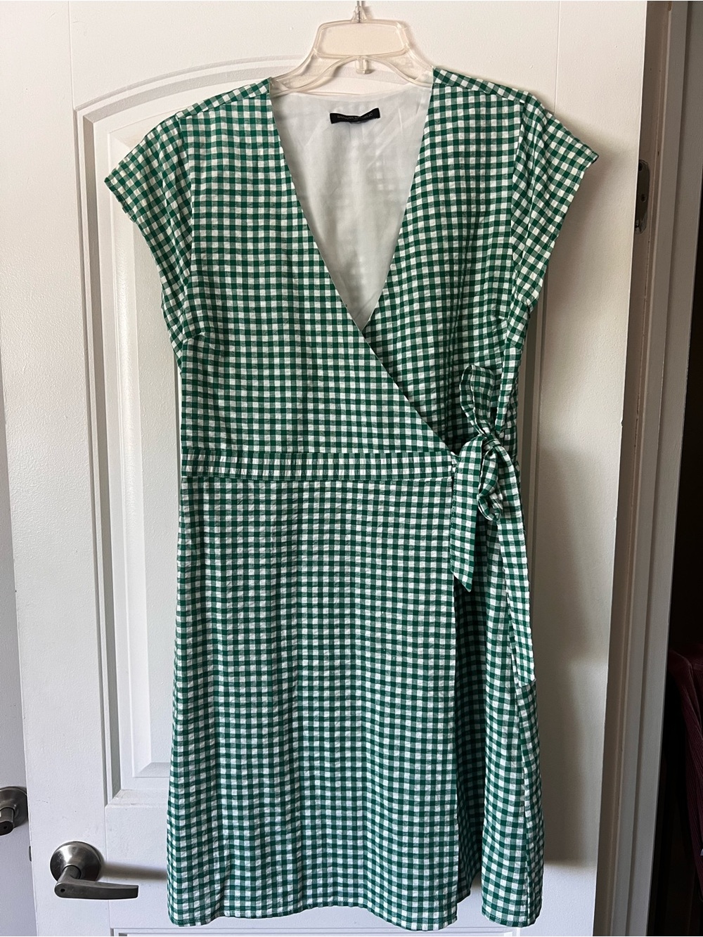 Banana Republic Green and White Gingham Wrap Midi Dress